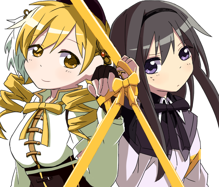 akemi homura and tomoe mami (mahou shoujo madoka magica) drawn by amaiwashi