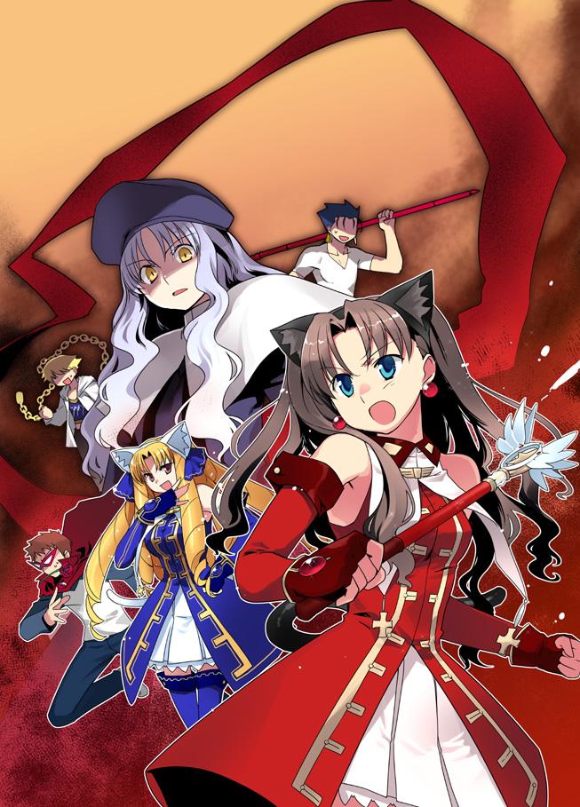 tohsaka rin, gilgamesh, emiya shirou, caren hortensia, magical ruby, and 4 more (fate and 1 more) drawn by ishida_akira
