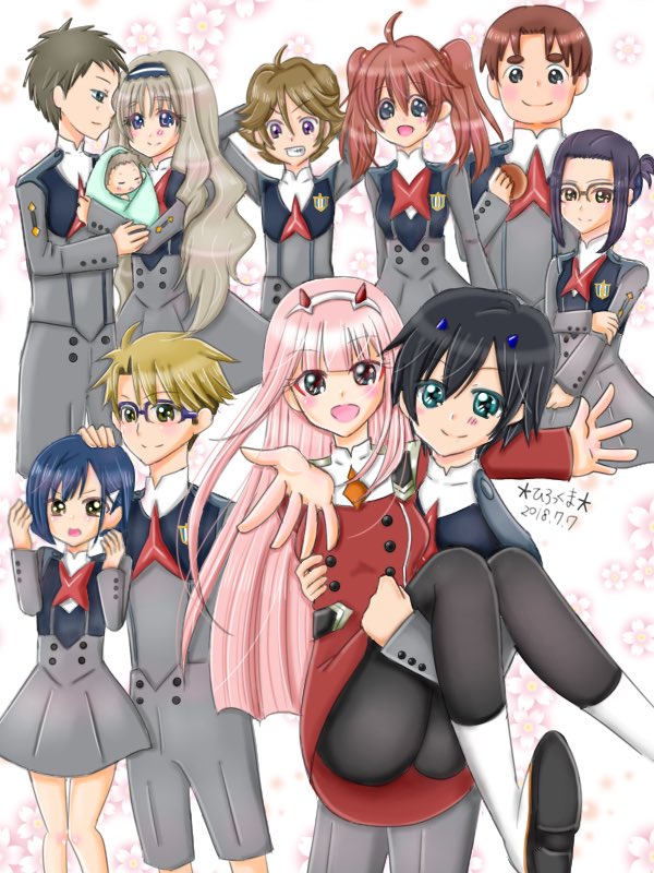 zero two, hiro, ichigo, kokoro, gorou, and 6 more (darling in the franxx) drawn by rirakkumahiroko