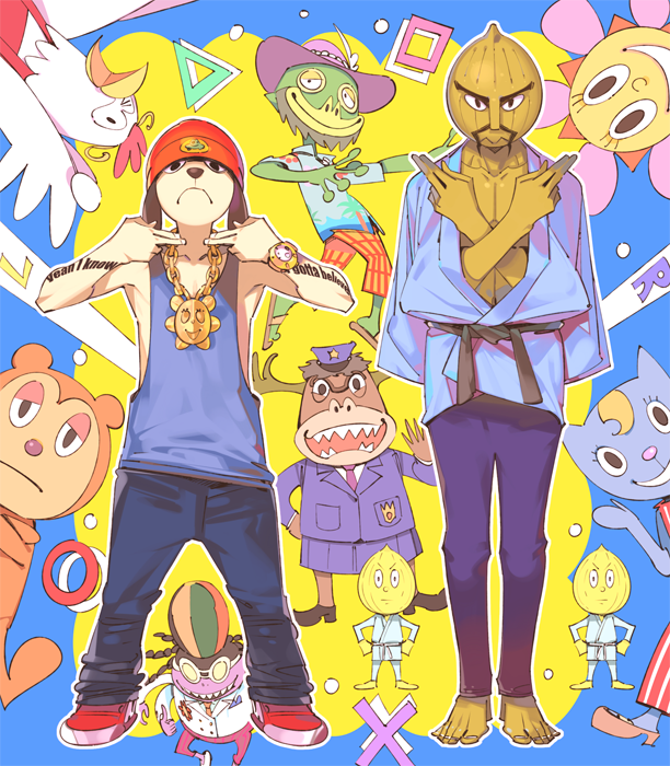 parappa, chop chop master onion, katy kat, sunny funny, pj berri, and 3 more (parappa the rapper) drawn by popqn