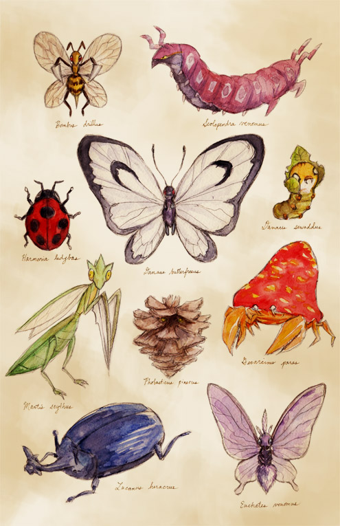 butterfree, scolipede, beedrill, heracross, sewaddle, and 5 more (pokemon) drawn by chupachup