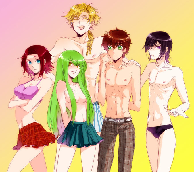c.c., lelouch vi britannia, kouzuki kallen, kururugi suzaku, and gino weinberg (code geass) drawn by mameezu