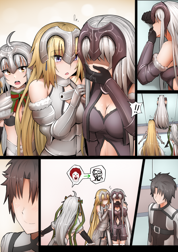 fujimaru ritsuka, jeanne d'arc, jeanne d'arc alter, jeanne d'arc alter santa lily, ronald mcdonald, and 1 more (fate and 2 more) drawn by ginhaha