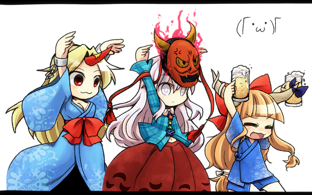 ibuki suika, hoshiguma yuugi, and hata no kokoro (touhou and 1 more) drawn by ys_(fall)