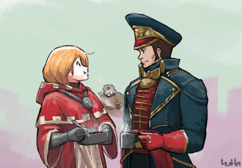 adeptus mechanicus, commissar, commissar caiphas cain, felicia tayber, and ferik jurgen (warhammer 40k) drawn by lutherniel