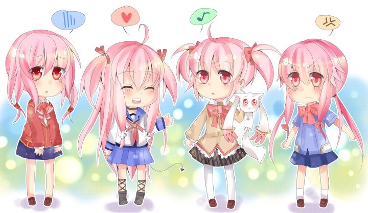 kaname madoka, kyubey, yuzuriha inori, yui, and gasai yuno (mahou shoujo madoka magica and 3 more) drawn by anoko_(star)