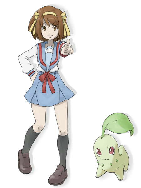 suzumiya haruhi and chikorita (pokemon and 2 more) drawn by a-ka
