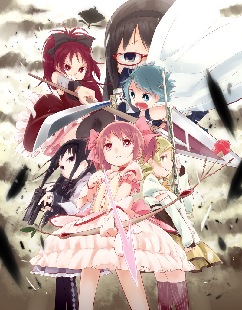 akemi homura, kaname madoka, miki sayaka, sakura kyoko, tomoe mami, and 1 more (mahou shoujo madoka magica and 1 more) drawn by mizu_asato