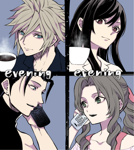 tifa lockhart, cloud strife, aerith gainsborough, and zack fair (final fantasy and 3 more) drawn by mono0805