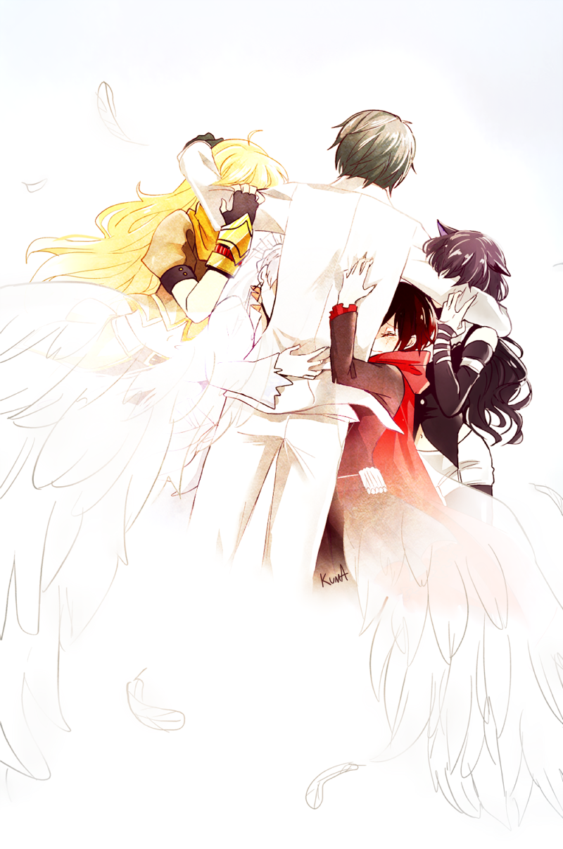 ruby rose, weiss schnee, yang xiao long, blake belladonna, and monty oum (rwby) drawn by kuma_(bloodycolor)