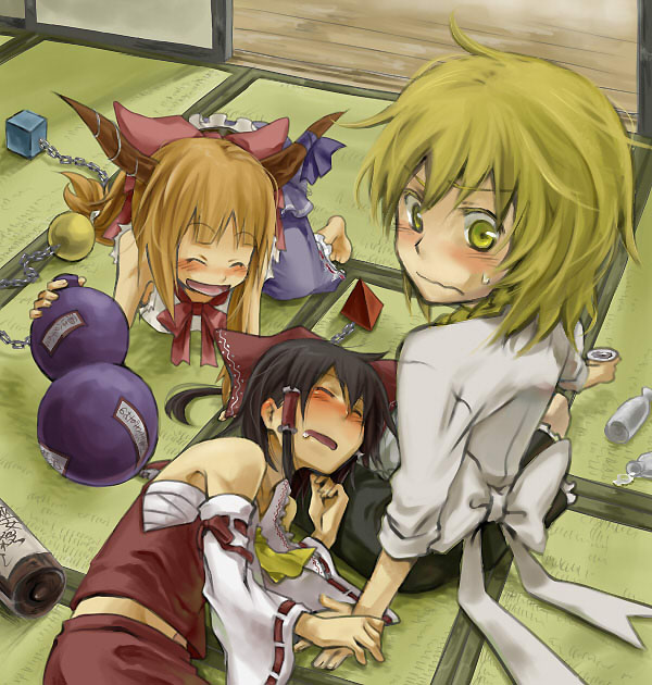 hakurei reimu, kirisame marisa, and ibuki suika (touhou) drawn by kuroda_(nanchara_flight)
