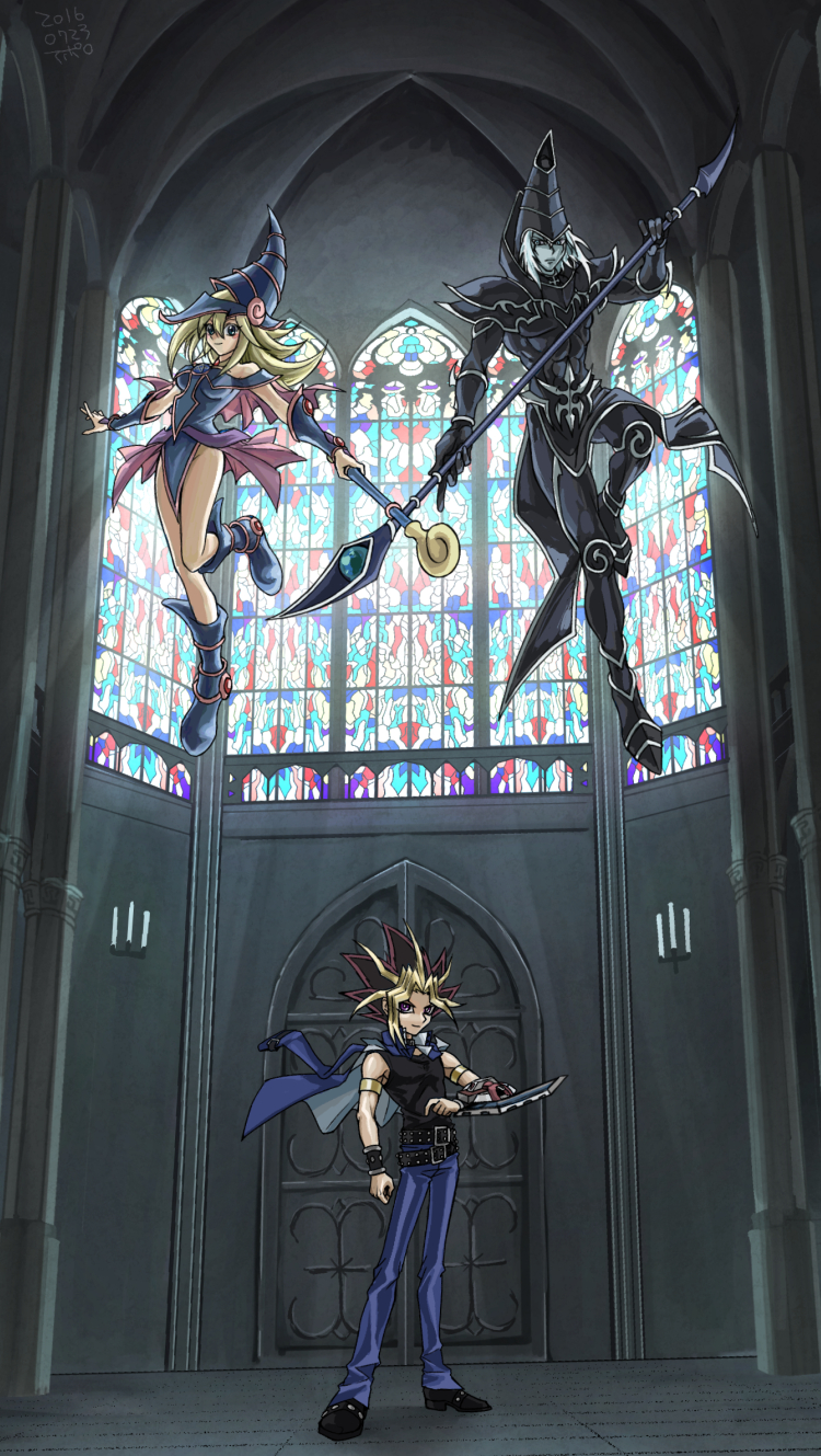 dark magician girl, yami yugi, and dark magician (yu-gi-oh! and 1 more) drawn by apollo_hotori
