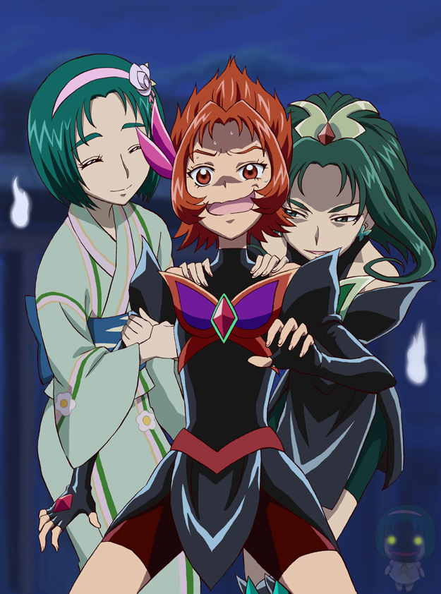 akimoto komachi, dark mint, and dark rouge (precure and 1 more) drawn by tawashi_(tawashisan)