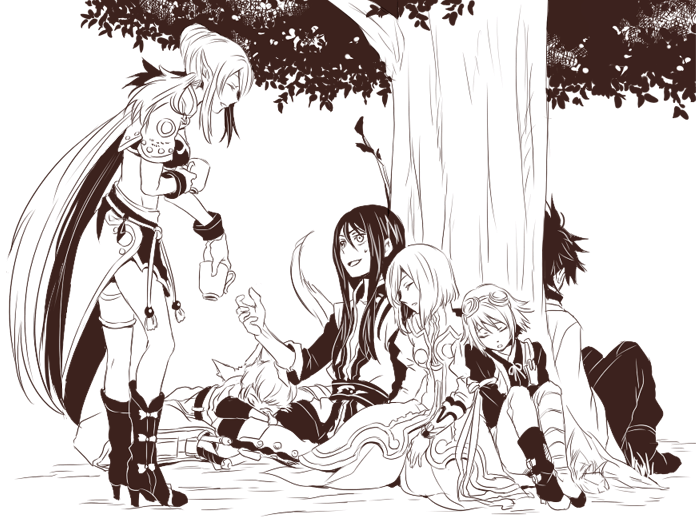yuri lowell, estellise sidos heurassein, rita mordio, judith, raven, and 2 more (tales of and 1 more) drawn by miho_(mi)