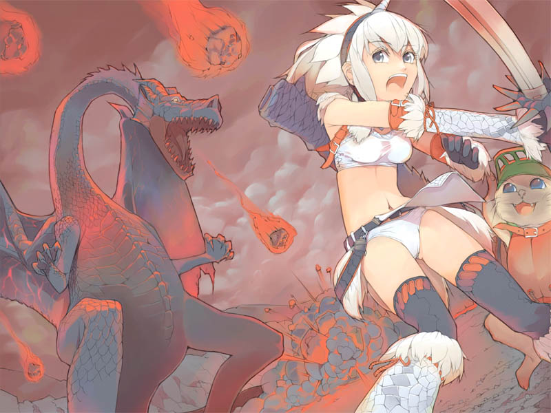 monster hunter, player palico, fatalis, and crimson fatalis (monster hunter) drawn by akinbo_(hyouka_fuyou)