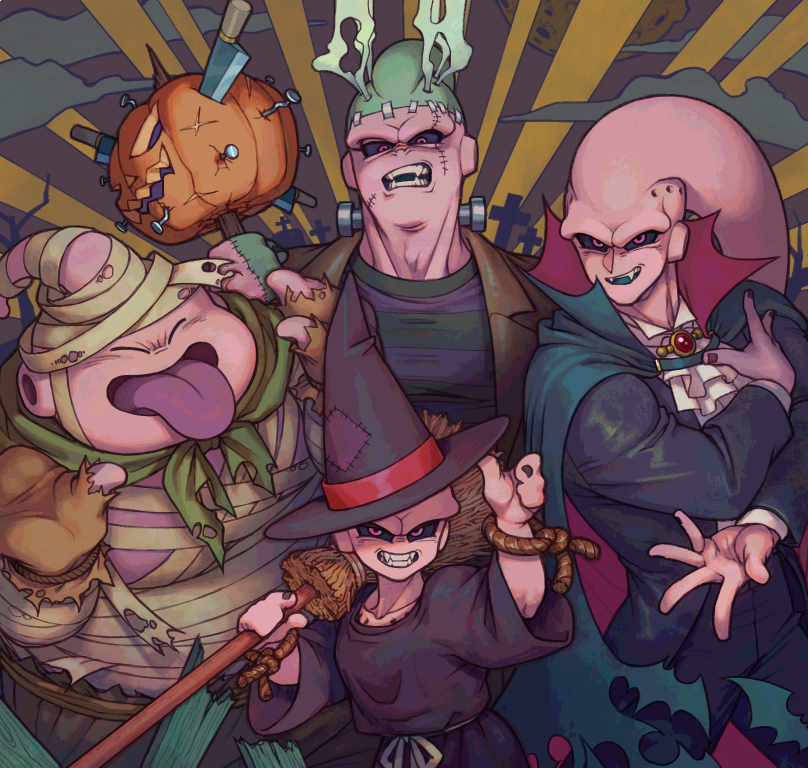 frankenstein's monster, majin buu, super buu, fat buu, and kid buu (dragon ball and 1 more) drawn by kinjuu_(hariharitt)