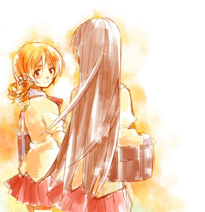 akemi homura and tomoe mami (mahou shoujo madoka magica) drawn by kutsuwada_on