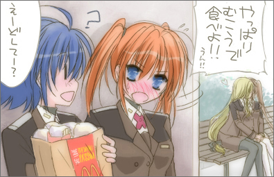 fate testarossa, takamachi nanoha, subaru nakajima, and teana lanster (lyrical nanoha and 2 more) drawn by hachikei