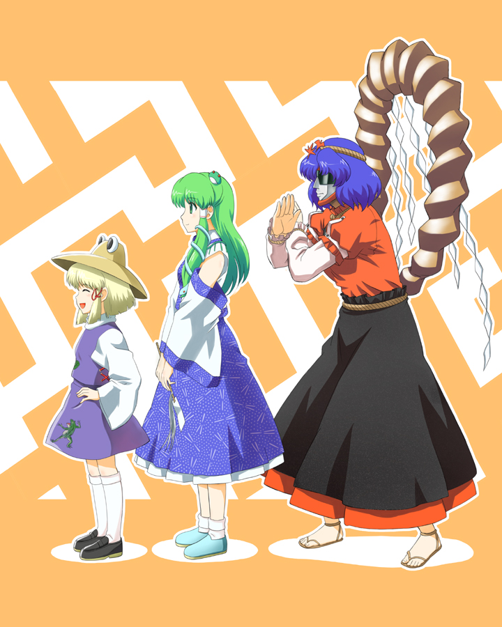 kochiya sanae, moriya suwako, yasaka kanako, and godman (touhou and 1 more) drawn by satsuki_harunobu