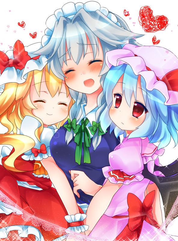 remilia scarlet, flandre scarlet, and izayoi sakuya (touhou) drawn by juemid_luna