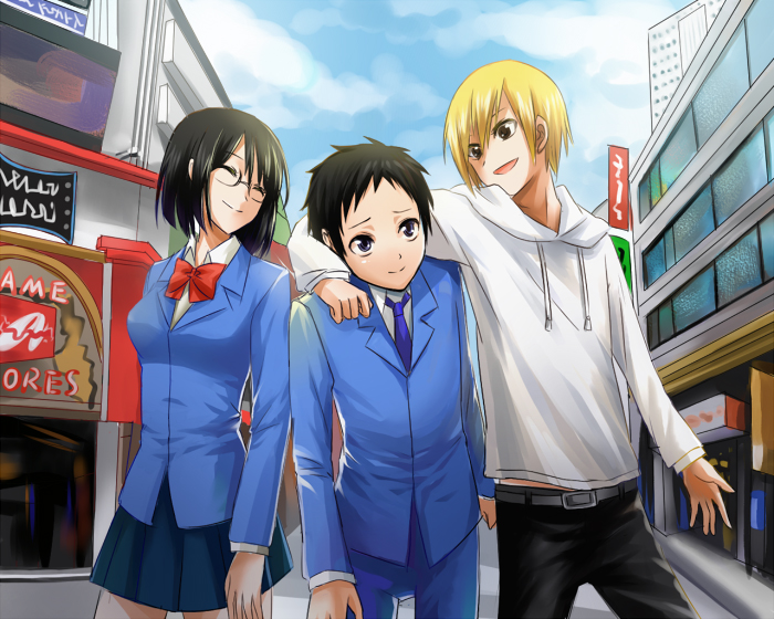 sonohara anri, ryuugamine mikado, and kida masaomi (durarara!!) drawn by althea_(sakiya0000)