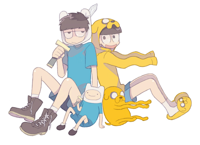 matsuno ichimatsu, matsuno jyushimatsu, finn the human, and jake the dog (osomatsu and 3 more) drawn by kwsr