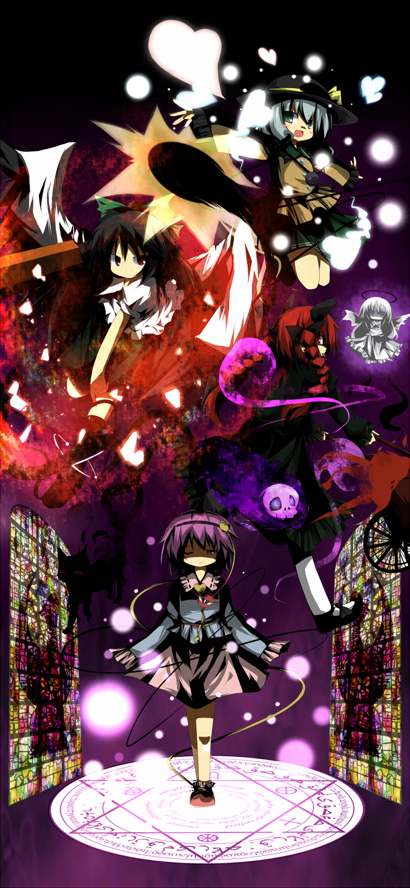 komeiji koishi, komeiji satori, kaenbyou rin, reiuji utsuho, and zombie fairy (touhou) drawn by poppuru