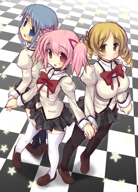 kaname madoka, miki sayaka, and tomoe mami (mahou shoujo madoka magica) drawn by raidon