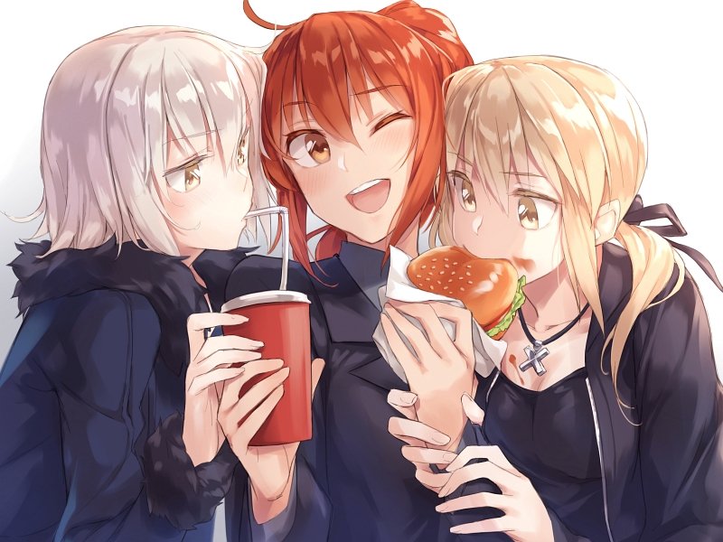 artoria pendragon, fujimaru ritsuka, jeanne d'arc alter, and saber alter (fate and 1 more) drawn by ichikei