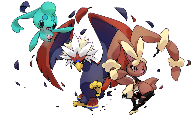 lopunny, mega lopunny, braviary, and phione (pokemon) drawn by pinkgermy