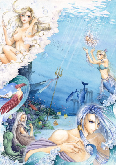 aphrodite, poseidon, hephaestus, and amphitrite (greek mythology) drawn by kaori_natsuki