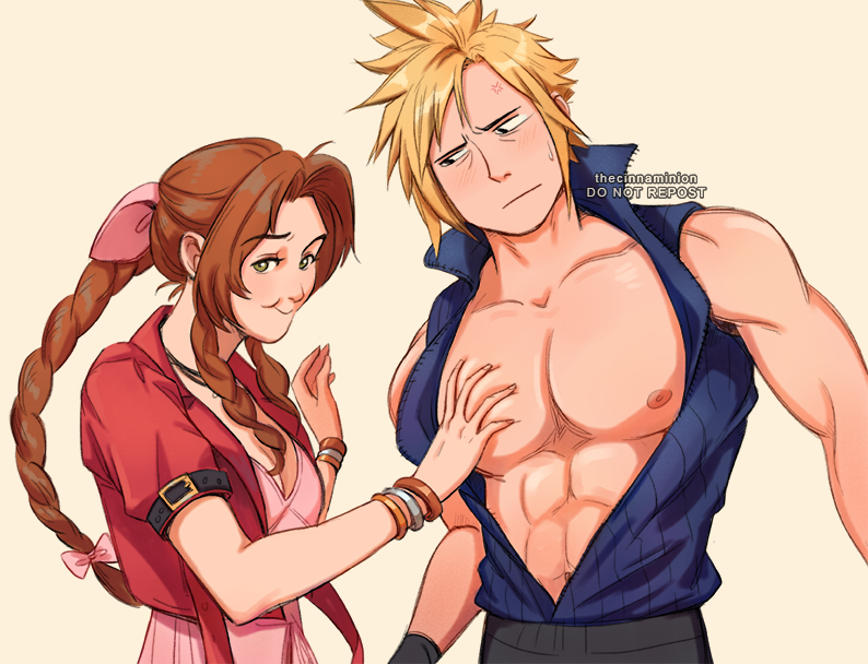 cloud strife and aerith gainsborough (final fantasy and 3 more) drawn by thar_chandran