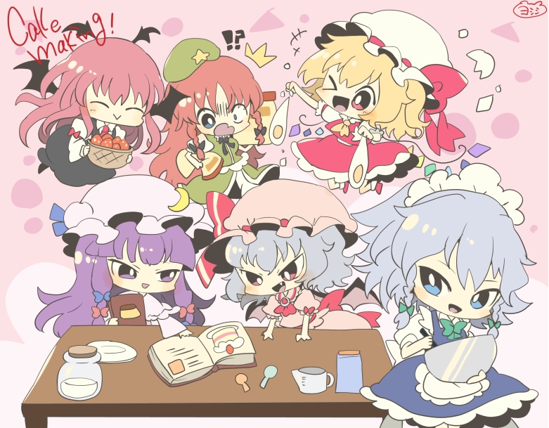 remilia scarlet, flandre scarlet, izayoi sakuya, patchouli knowledge, hong meiling, and 1 more (touhou) drawn by yoshishi_(yosisitoho)