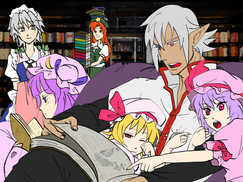 remilia scarlet, flandre scarlet, izayoi sakuya, patchouli knowledge, hong meiling, and 1 more (touhou and 3 more) drawn by maruman