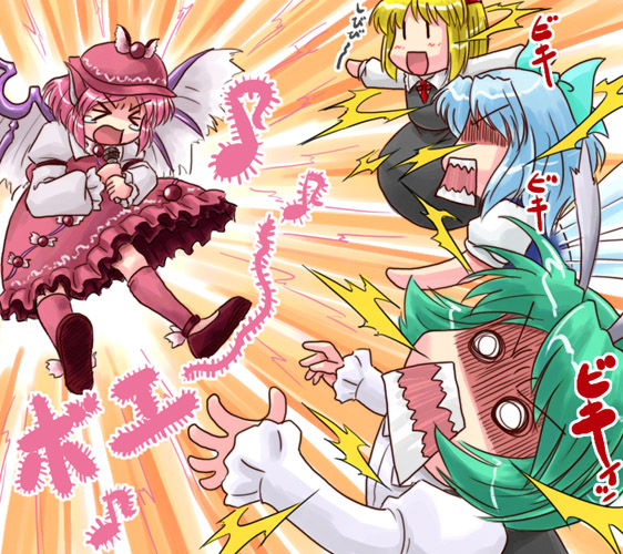 cirno, rumia, mystia lorelei, and wriggle nightbug (touhou) drawn by sasuke_(sasuke_no_sato)