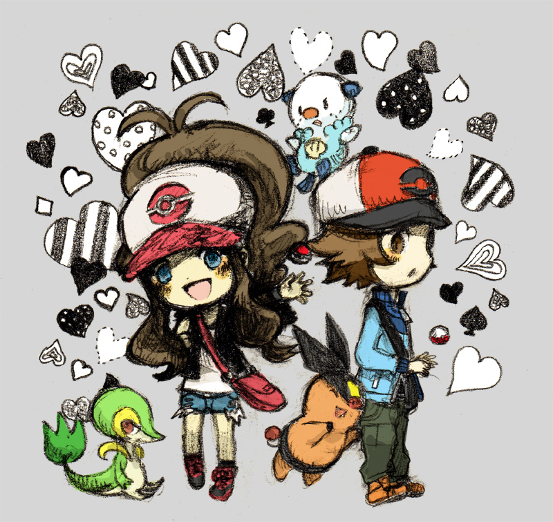 hilda, hilbert, oshawott, snivy, and tepig (pokemon and 1 more) drawn by hokori_(kingcat)