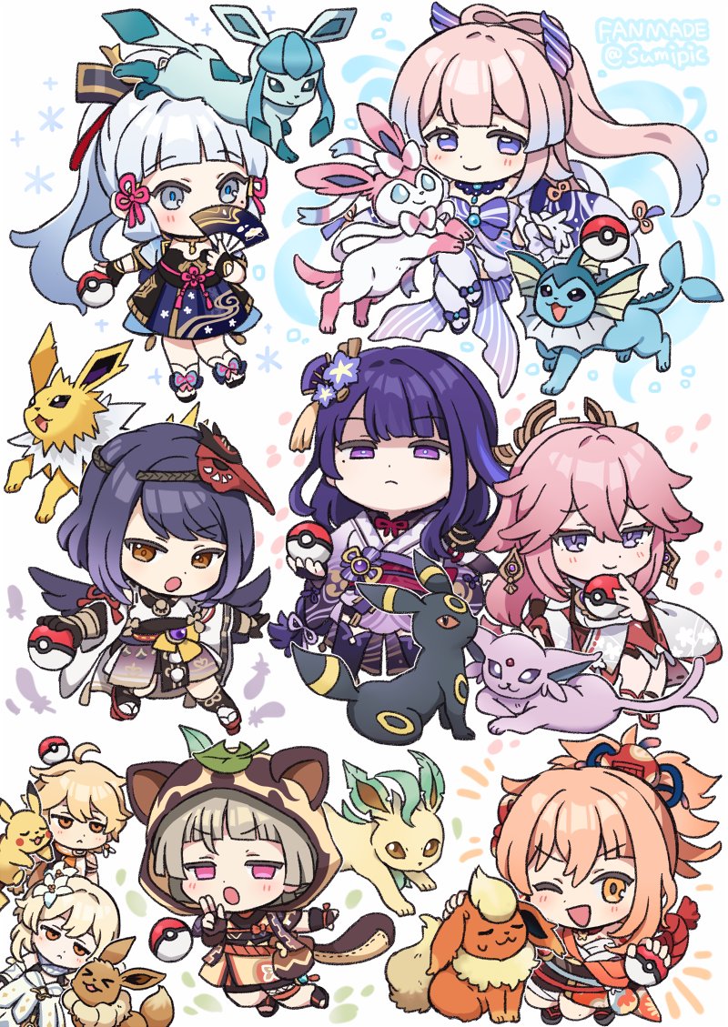 lumine, raiden shogun, pikachu, aether, yae miko, and 14 more (pokemon and 1 more) drawn by sumipic