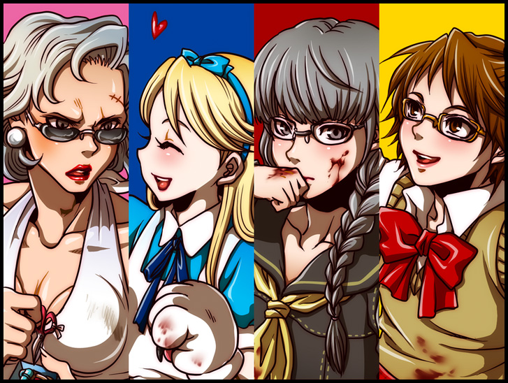 narukami yu, alice, hanamura yousuke, tatsumi kanji, kuma, and 1 more (persona and 2 more) drawn by kida_sukizou