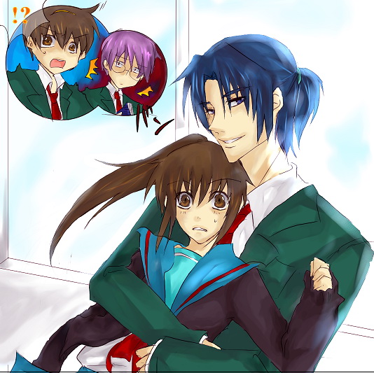 kyonko, suzumiya haruhiko, nagato yuuki, and asakura ryo (suzumiya haruhi no yuuutsu) drawn by warakusa