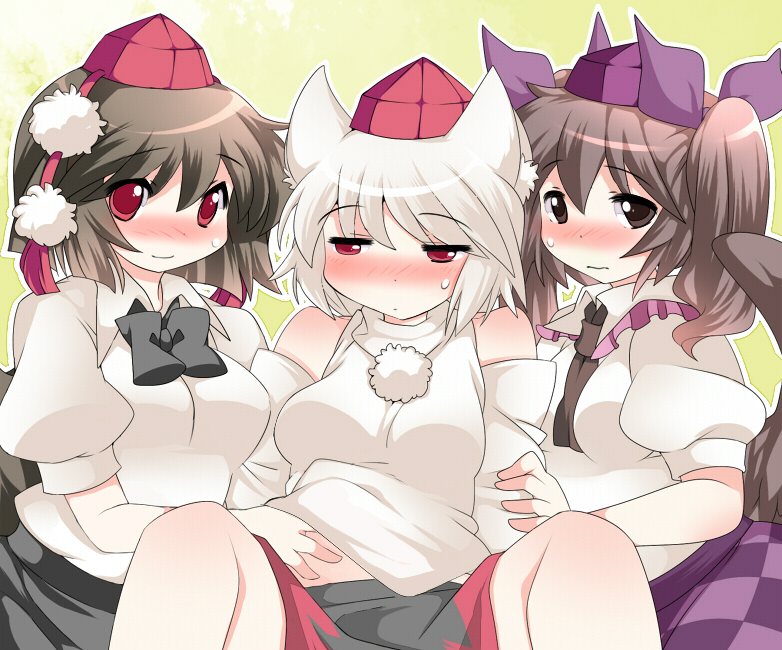 shameimaru aya, inubashiri momiji, and himekaidou hatate (touhou) drawn by hammer_(sunset_beach)