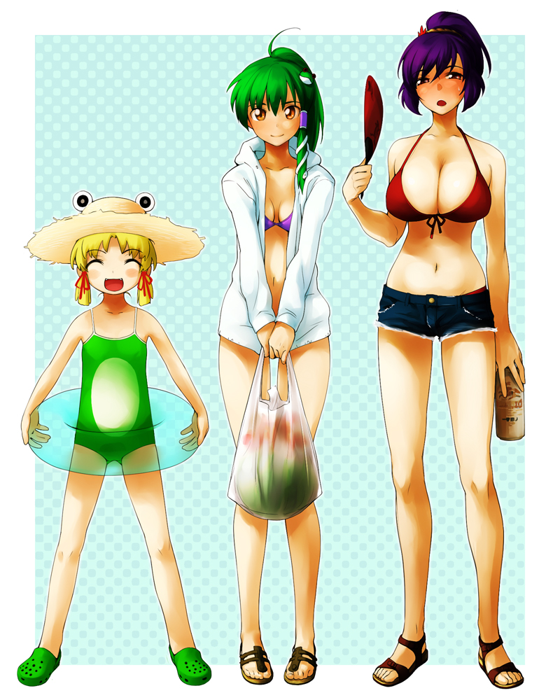 kochiya sanae, moriya suwako, yasaka kanako, and pyonta (touhou) drawn by yurikawa