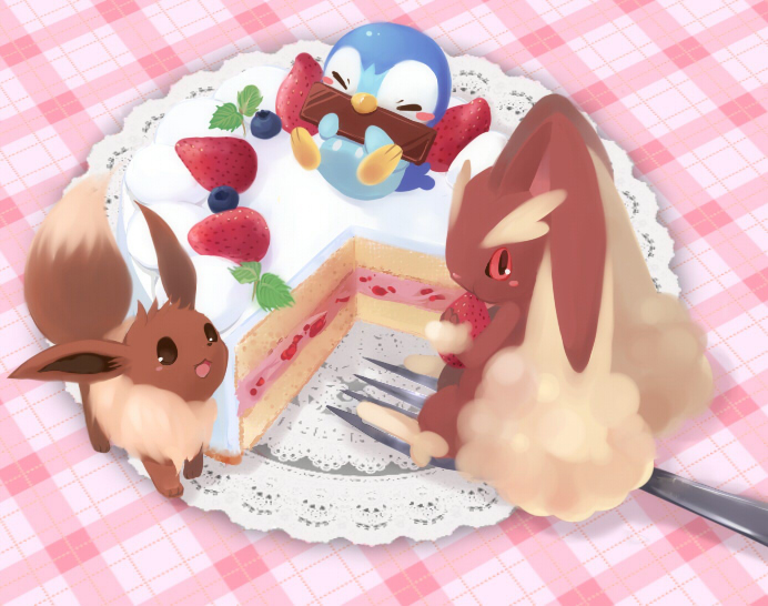 eevee, piplup, and lopunny (pokemon) drawn by okamori_kuo