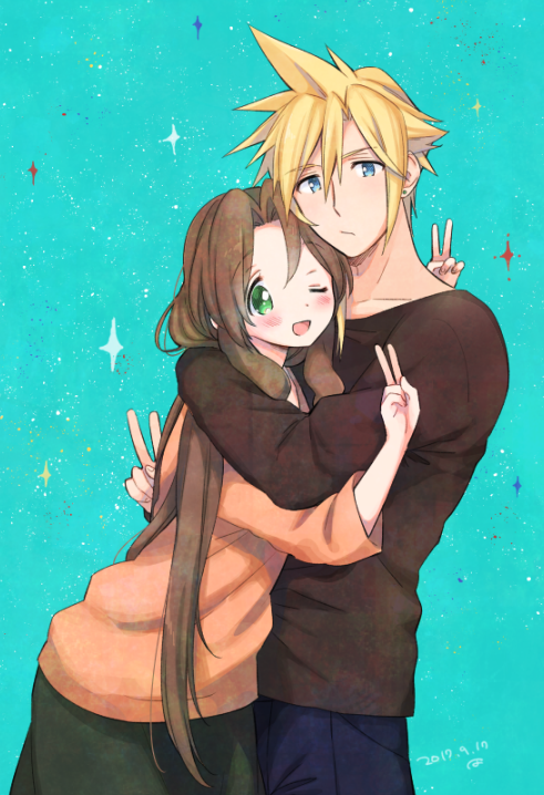 cloud strife and aerith gainsborough (final fantasy and 1 more) drawn by krudears