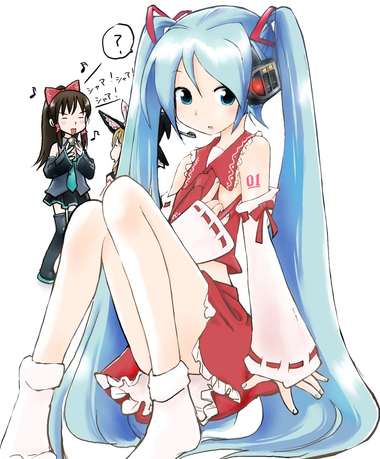 hatsune miku, hakurei reimu, and kirisame marisa (touhou and 1 more) drawn by kashmir