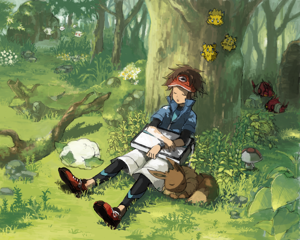 eevee, nate, joltik, foongus, cottonee, and 1 more (pokemon and 1 more) drawn by robo7