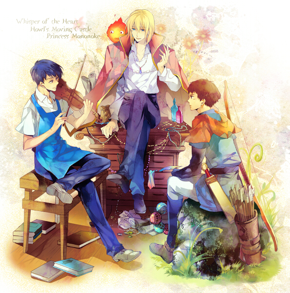 howl pendragon, ashitaka, calcifer, and amasawa seiji (studio ghibli and 3 more) drawn by futaba_hazuki