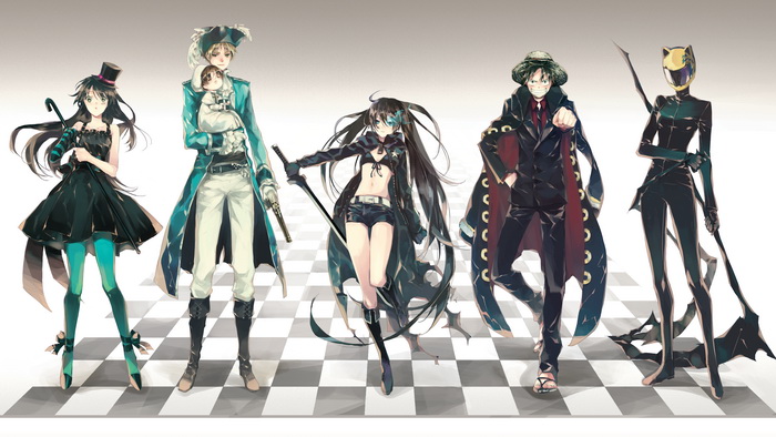 akiyama mio, monkey d. luffy, black rock shooter, united kingdom, celty sturluson, and 1 more (one piece and 4 more) drawn by skyfly17