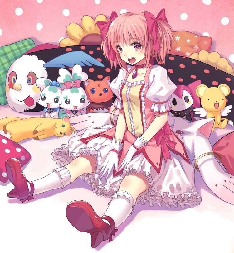 kaname madoka, kyubey, charlotte, kero, yuuno scrya, and 3 more (mahou shoujo madoka magica and 5 more) drawn by kitiroku
