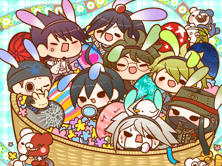 oma kokichi, saihara shuichi, momota kaito, amami rantaro, k1-b0, and 7 more (danganronpa and 1 more) drawn by yumaru_(marumarumaru)