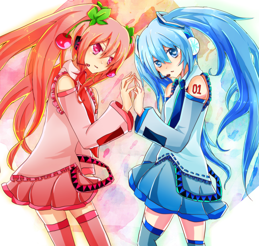 hatsune miku, yuki miku, and sakura miku (vocaloid) drawn by konntyann